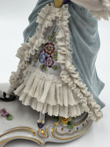 Vintage German Dresden Lace Porcelain Courting Couple Figurine Hand Painted 7.5"
