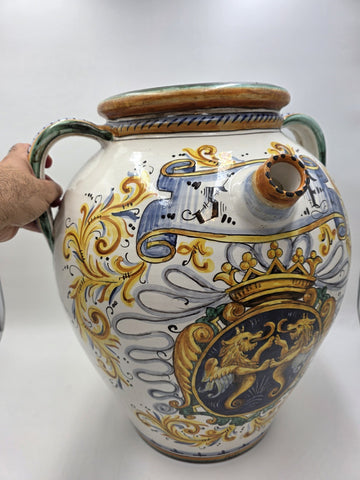 Rare Antique XL 19th C Italian Majolica Olive Oil Jar Heraldic Lions Handpainted