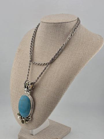 Vintage Large 925 Sterling Silver Turquoise Peridot Pearl Pendant Necklace. Read