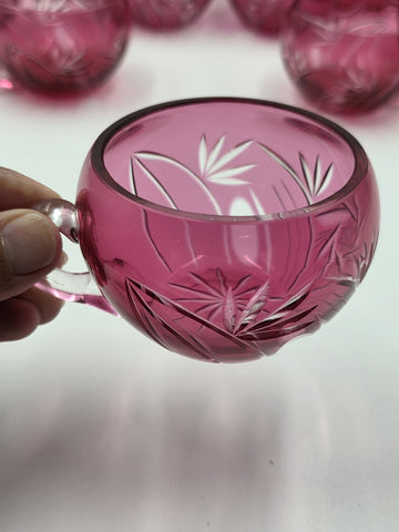 Rare 1940's Vtg Bohemian Cranberry Cut to Clear Crystal Punch Bowl Set w/13 Cups