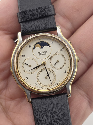 Vtg Seiko Chronograph Moon Phase White Dial Watch – 7F39-6029. Japan 1989 Works