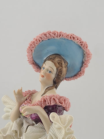 Mid Century Authentic Dresden Lace Porcelain Lady Figurine Rococo Dress Handmade