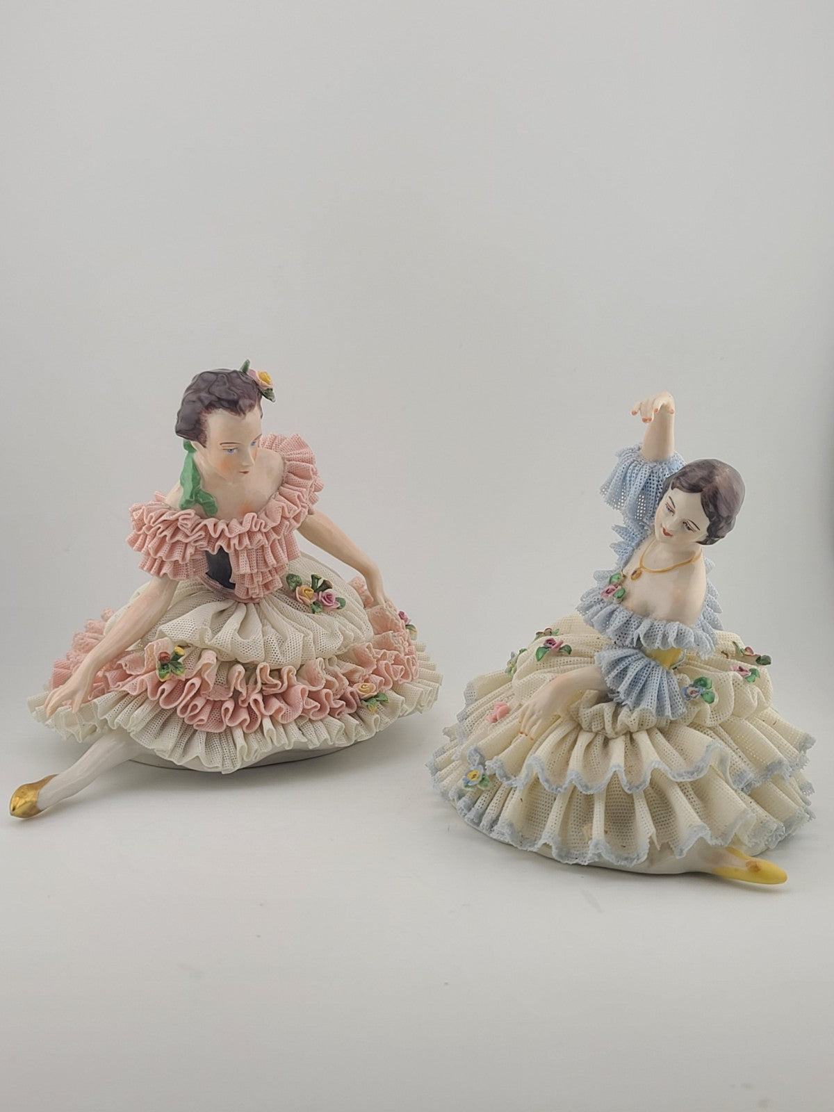 Pair Antique Dresden Lace Ballerina Figurine Dancer Handarbeit Germany Porcelain