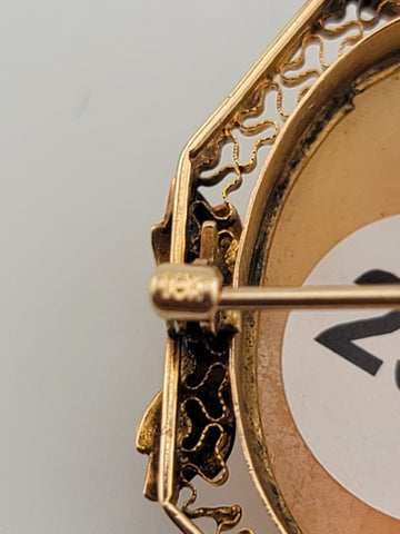 Antique Art Deco 10K Gold Portrait carved shell pendant brooch 1&1/4 inch.