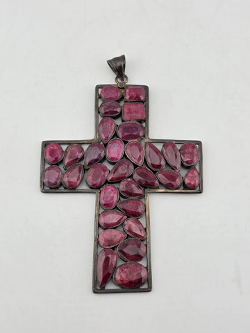 Antique Very Large Sterling Silver Garnet Cross Pendant W Purple Agate Stone.