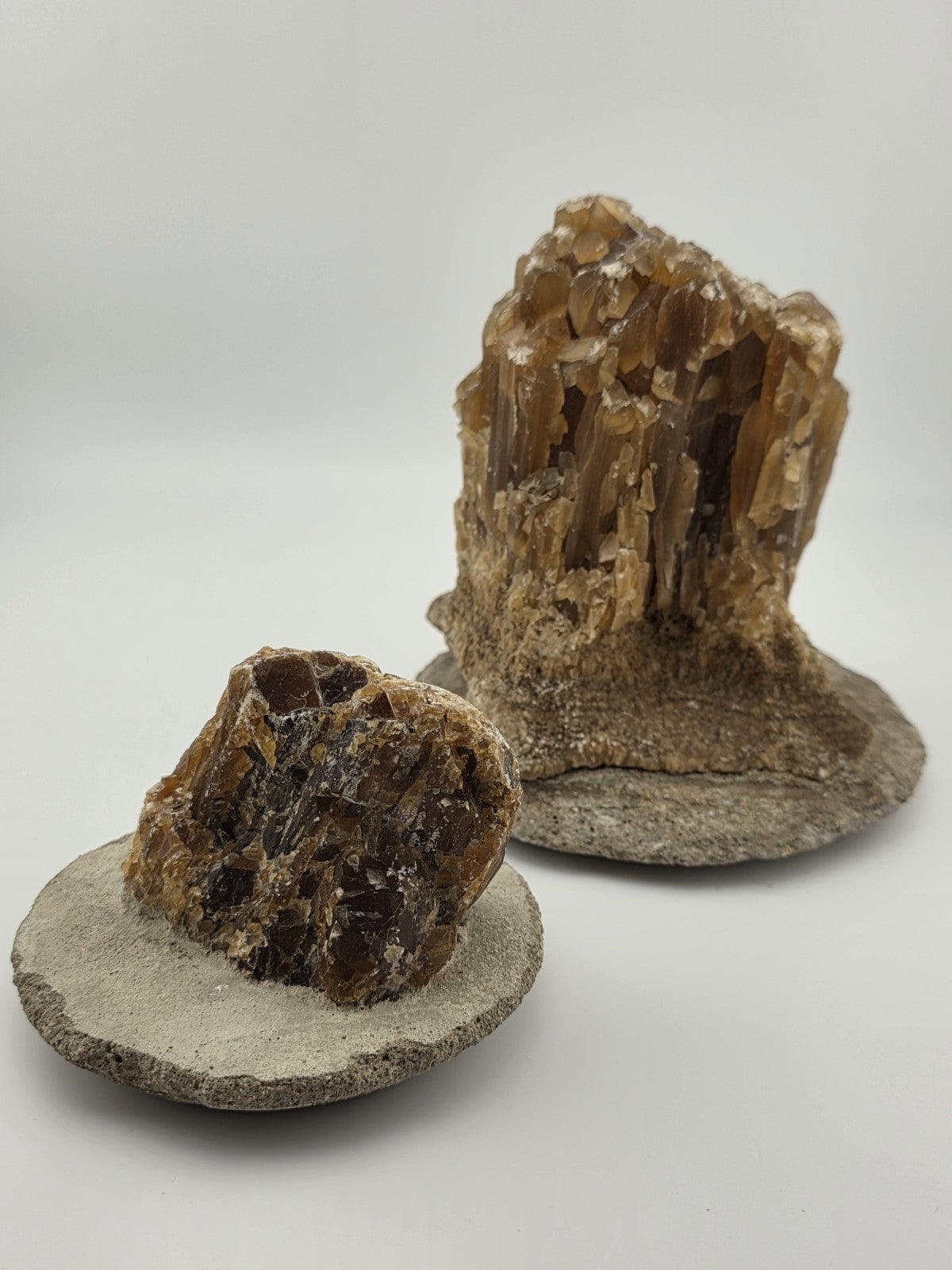2 Natural Honey Brown Crystal Mineral Clusters Barite on Concrete Display Bases