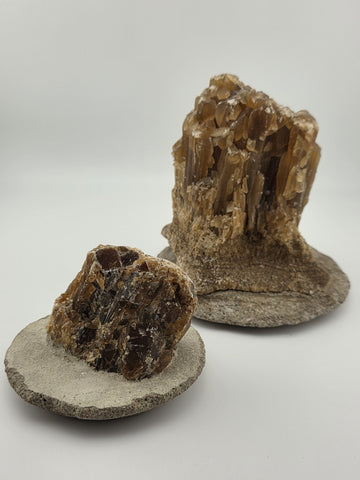 2 Natural Honey Brown Crystal Mineral Clusters Barite on Concrete Display Bases