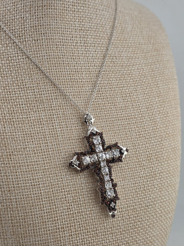 Vintage Sterling Silver 925 Cross Pendant Red Clear CZ Ornate Gothic Necklace