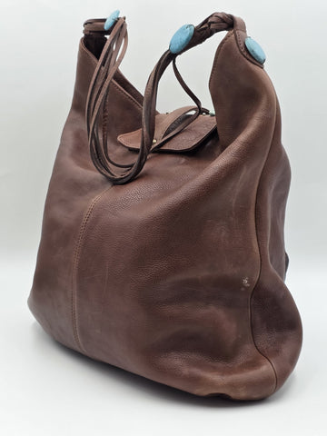 Vintage Cole Haan G Series Brown Leather Native American Style Large Hobo Bag