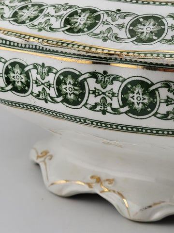 RARE BISHOP & STONIER ENGLAND RODEN GREEN COVERED TUREEN & LID 24K GOLD TRIM