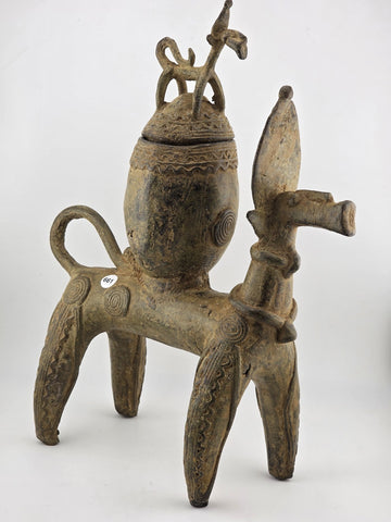Antique African Nobility Ceremonial Dogon Bronze Horse w/ Covered Container 12"H