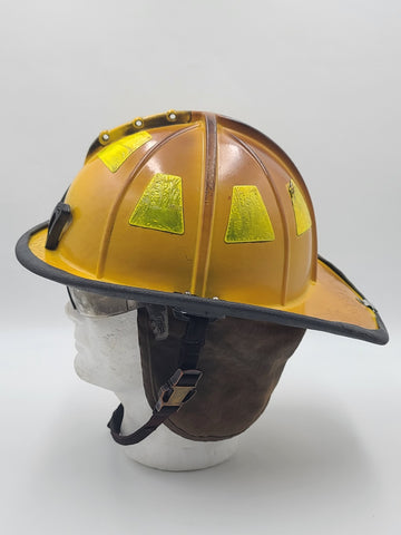 MSA Cairns 1044 2015 Yellow Firefighter Helmet Front Visor. Seen Fire Action.