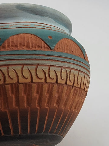 NAVAJO ENGRAVED RED CLAY POTTERY, GLAZED INSIDE VASE. *SIGNED T. TOM DINI "2000"