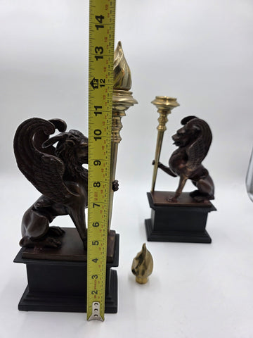 Rare Pair of Antique Late 19th C Heavy Bronze Griffin bookends/ Candleholders.