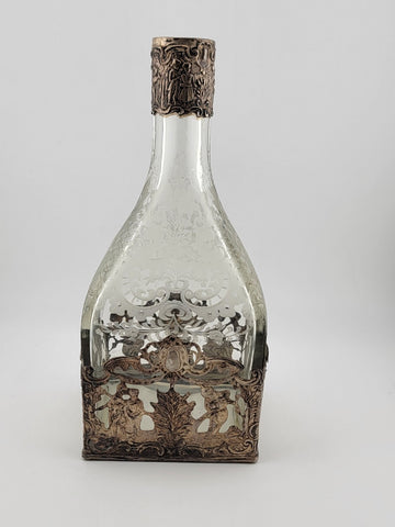 Rare 19th C German Hanau 800 Silver & Etched Crystal Stork & Sinsheimer Decanter