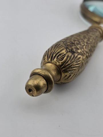 Vintage Mid Century Modern Brass Hand Held Magnify Glass W/ Ornate Handle.