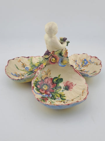 Vintage Italian Majolica Putti Cherub 3 Bowl Dish Hand Painted Faenza Style