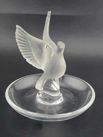 LALIQUE FROSTED CRYSTAL "THALIE" OPEN-WING DOVE RING or PIN TRAY