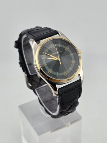 NIB Fossil PC-9626 Gold Tone Black Dial Quartz Watch Leather Strap 36mm