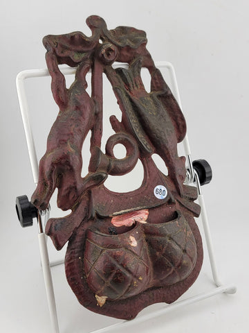 19 C original antique cast iron hunting game wall match safe wall pocket holder