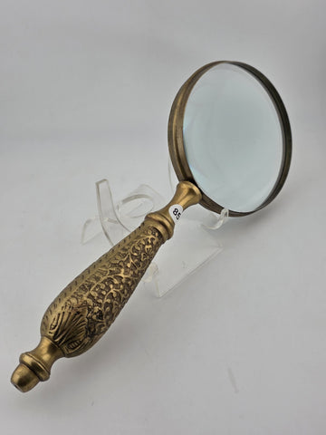 Vintage Mid Century Modern Brass Hand Held Magnify Glass W/ Ornate Handle.