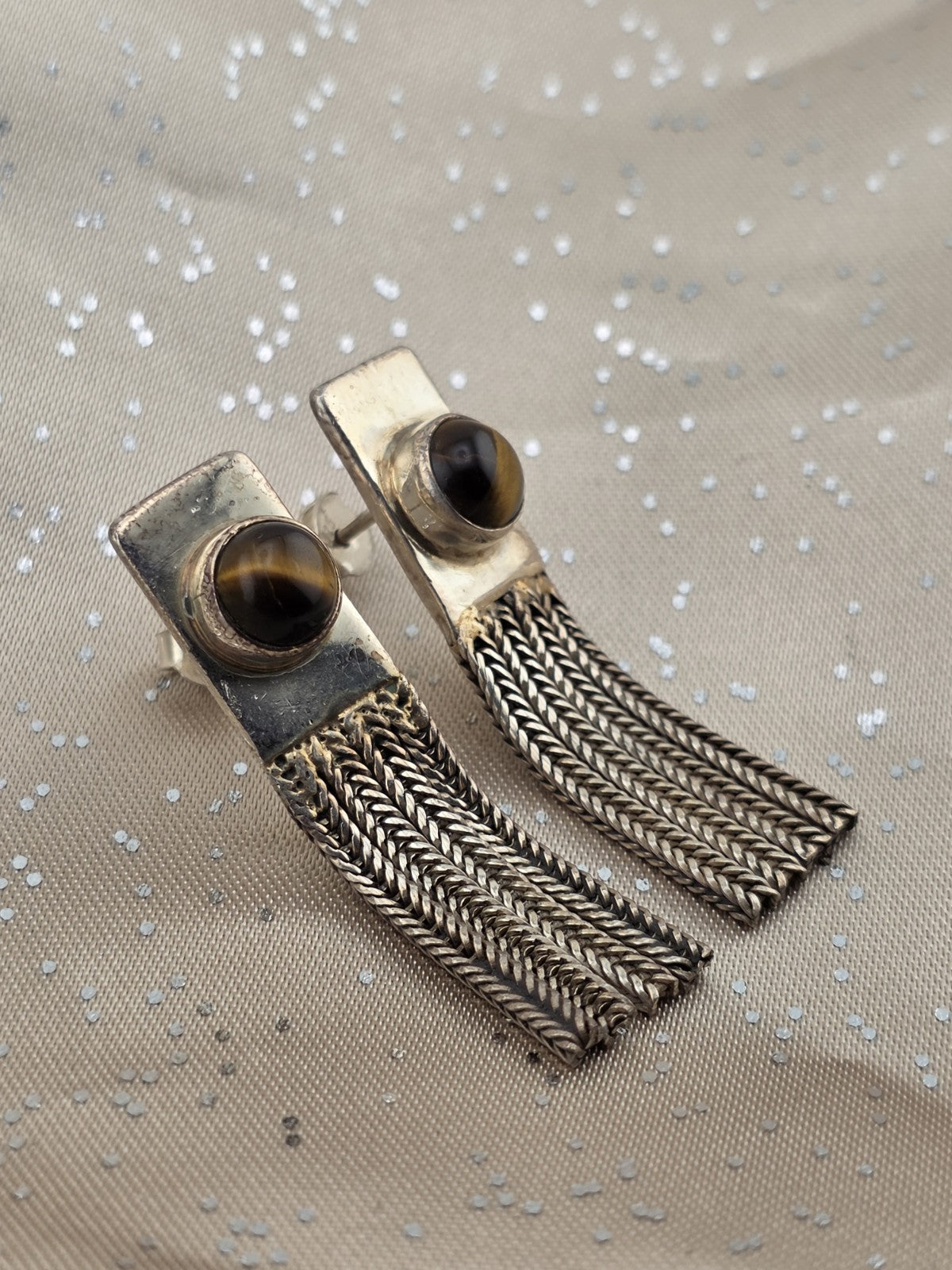 Rare Antique 1930's Sterling 925 Tiger Eye Tassel Drop Earrings Modernist Fringe