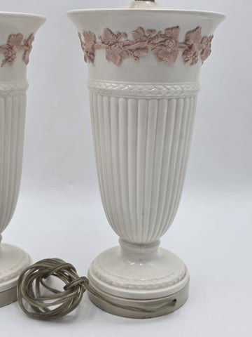 Pair Wedgwood Queensware Jasperware Cream Pink Grapevine Relief Table Lamps 24"