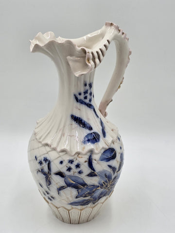 Antique 19th C Royal Worcester 1892 Porcelain Blue & Gold Floral Relief Pitcher