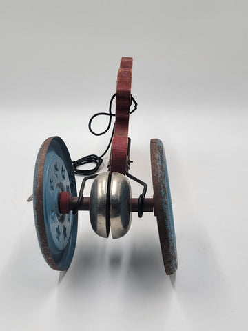 1940'S PULL TOY COWBOY ON HORSE Wood Metal Wheels Gong Bell Mfg.Co.