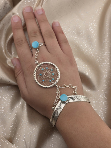 Vintage RB 925 Sterling Silver Turquoise Hand Chain Slave Bracelet Southwestern