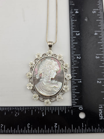Large Sterling Silver Mother of Pearl Cameo Pendant Necklace Floral Frame 925