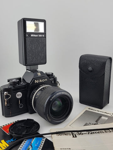 Nikon EM Film Camera + Series E Zoom 36-72mm F/3.5 Lens + Speedlight SB-E Flash