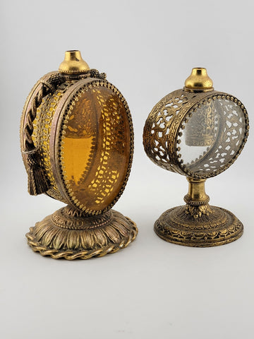 Set Of 2 Antique Ornate pair Gold Ormolu Filigree Perfume Bottle Cherubs bottles