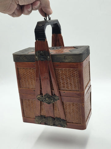Antique Japanese Meiji Bamboo Picnic Basket Bento Box Woven Basket Complete Case