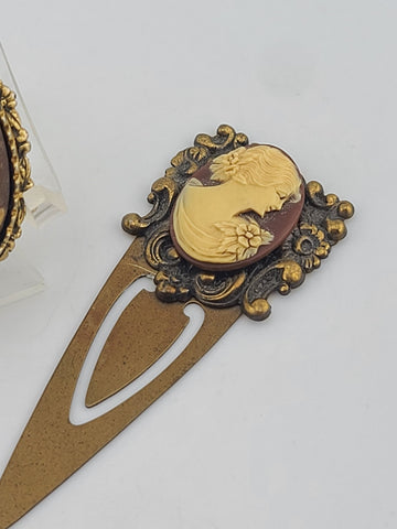 Rare Antique 19th C Victorian Glass Cameo Locket & Hair Pin Gilt Brass Classical