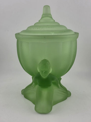 Vintage Art Deco Green Satin Glass Dolly Sisters Nymphs Powder Jar Candy Dish