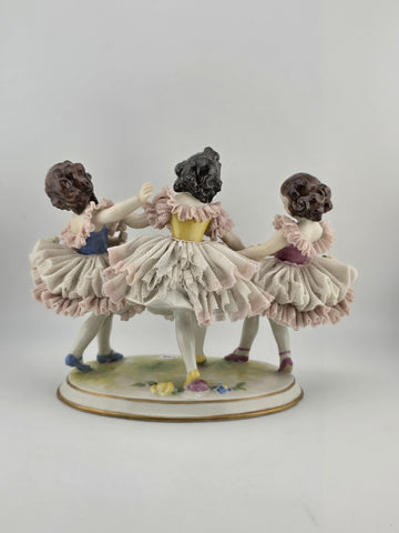 19th C Volkstedt Dresden Lace Porcelain Figurine Trio Ballerina Dancers Germany