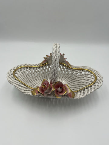 Vintage Capodimonte Italy Porcelain Woven Basket  With Pink Roses & Gold Details