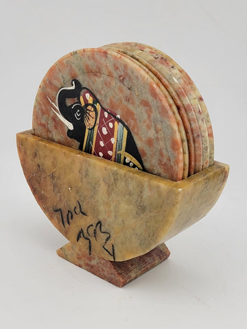Rare Set Handcrafted Marble Soapstone 6 Coaster Elephant Painted Art India