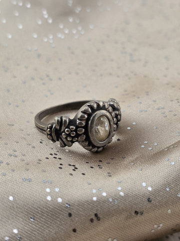 Antique 925 Sterling Silver Oval Clear Stone Floral Oxidized Artisan Ring Sz 8