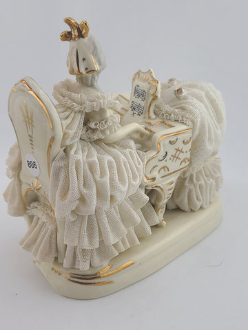 Antique Dresden Art Porcelain Lady at Grand Piano Figurine Lace Dress Germany