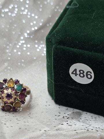 Vintage 14K Gold Multi Gemstone Dome Cluster Ring Garnet Amethyst Citrine Sz 7