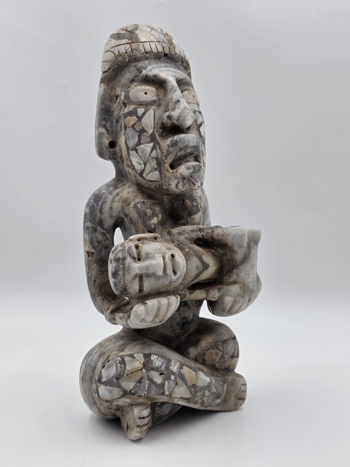 Antique Large Mayan Aztec Style Stone Sculpture Tribal Figure Inlay 15” Statue