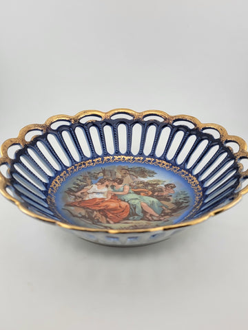 Antique Porcelain Cobalt Blue Lace Serving Plate/Bowl, made in Germany.  8.5 in.