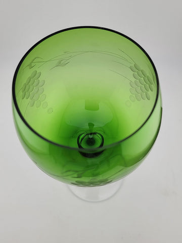 Vintage Emerald Green Etched Grape Design Goblet. 8.5 Inch.
