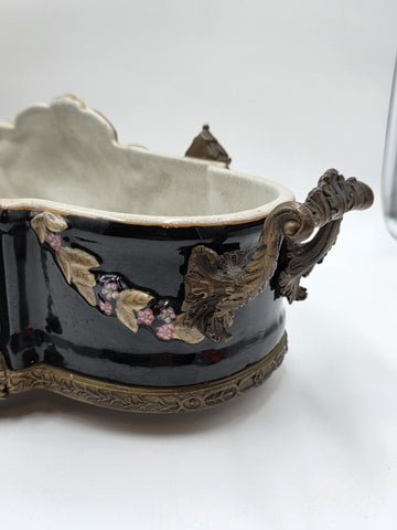 ANTIQUE XL CASTILIAN PORCELAIN BRONZE BOWL CENTERPIECE CLAWFOOT FLORAL VICTORIAN