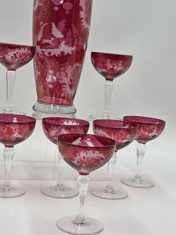 Rare Set Of 8 Antique Edwardian Wine Cranberry Glass Engraved Etched & Pitcher.