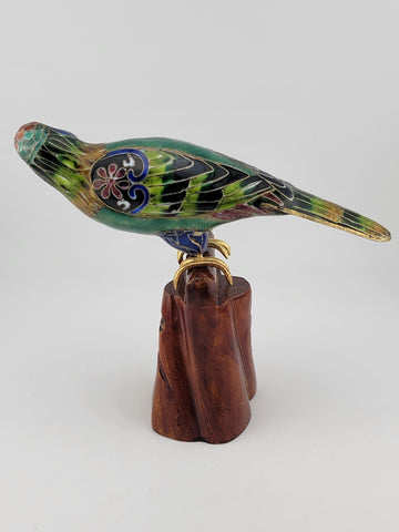 RARE BEAUTIFULLY COLORED CLOISONNE BIRD (PARAKEET) W WOODEN STAND. 7 Inch Wide.