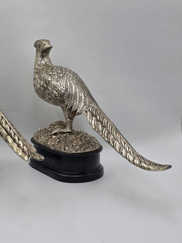 Vintage Pair XL Castilian Brass Pheasant Sculptures Cock Hen on Base 14 inch.