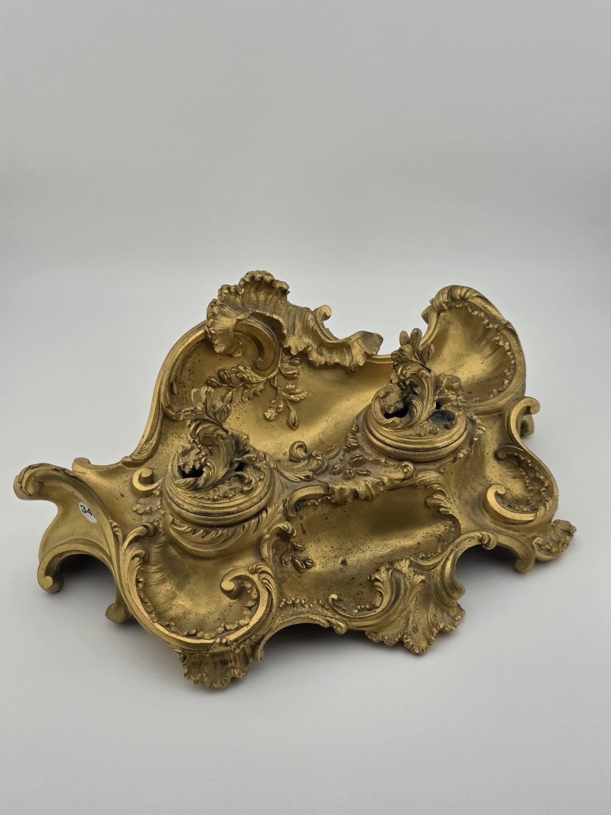 Antique 19th C French Louis XV Rococo Ornate Gilt Bronze Ormolu Inkwell Inkstand